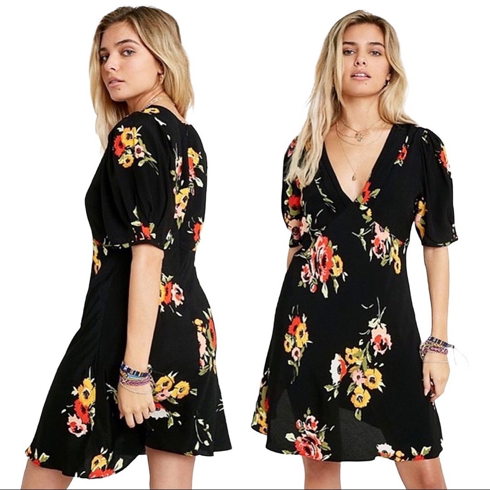 Free People Black Floral V-Neck Mini Dress